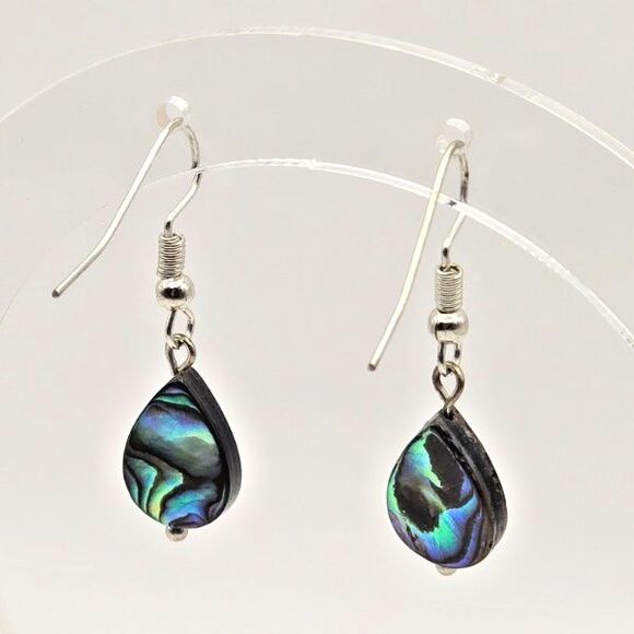Dainty Abalone and Resin Teardrops on‎ Silver Tone Hooks Drop Dangle Earrings - Picture 4 of 7